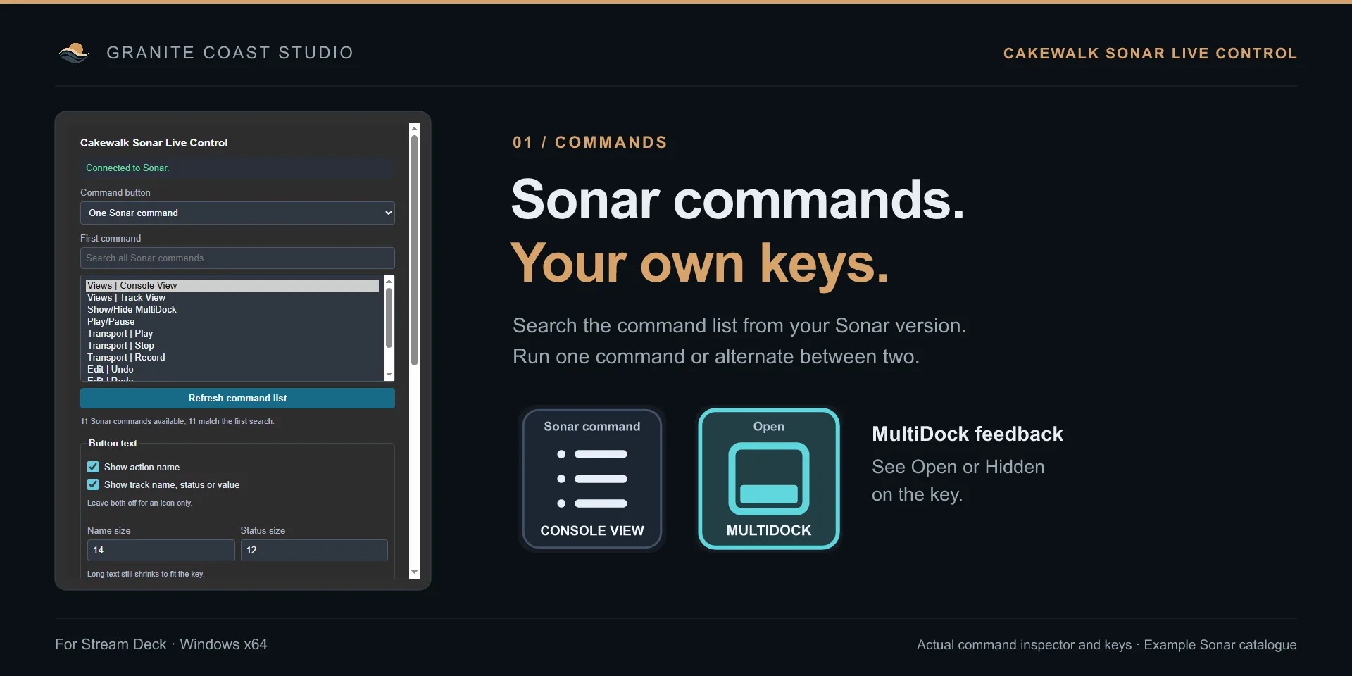 The Cakewalk Sonar Live Control command inspector, connected to Sonar, searching Sonar commands, next to a Console View key and a MultiDock key showing Open.