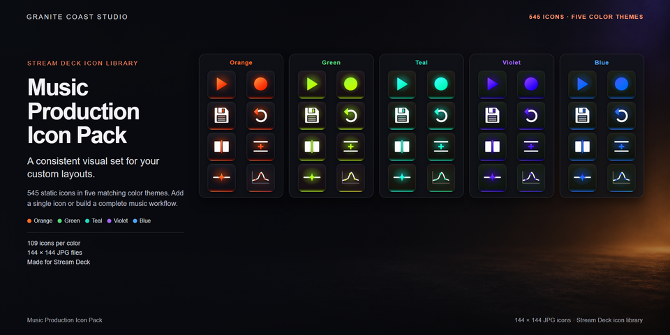 Preview sheet from the Music Production Icon Pack showing rows of transport, editing and mixer icons in the five colour themes