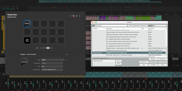Reaper OSC Action plugin card showing OSC command buttons for REAPER